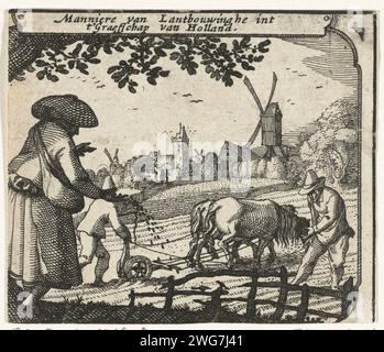 The agriculture in Holland, ca. 1600, 1608 - 1610 print Costumes, activities and legends in Holland, illustrations at Map of Holland. The agriculture in Holland, sowing and plowing, approx. 1600. Above the plate one or two lines description. Northern Netherlands paper etching agriculture Holland Stock Photo