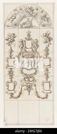 Design for a stained glass window with blank coats of arms and putti, Pieter Jansz, 1630 - 1672 drawing Design for a stained glass window with a coat of arms in the middle with a climbing lion, flanked by two putti with two blank coats of arms each. At the top an allegorical figure, representing a woman with a bundle of arrows and a sheep surrounded by putti.  paper. chalk. ink pen / brush cupids: 'amores', 'amoretti', 'putti'. Fortitude, 'Fortitudo'  one of the Four Cardinal Virtues. coat of arms (as symbol of the state, etc.) (+ province; provincial) Stock Photo