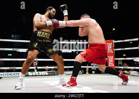 Jeamie 'TKV' Tshikeva (left) in action against Kostiantyn Dovbyshchenko in the Heavyweight bout at the OVO Arena Wembley, London. Picture date: Saturday February 3, 2024. Stock Photo