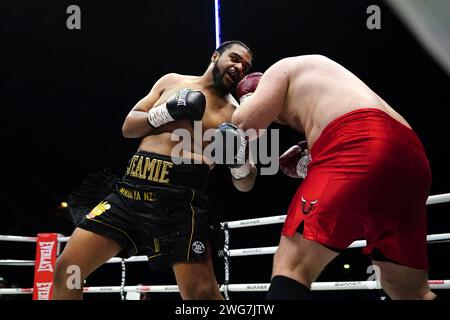 Jeamie 'TKV' Tshikeva (left) in action against Kostiantyn Dovbyshchenko in the Heavyweight bout at the OVO Arena Wembley, London. Picture date: Saturday February 3, 2024. Stock Photo