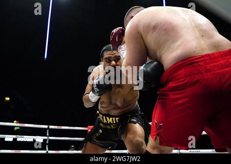 Jeamie 'TKV' Tshikeva (left) in action against Kostiantyn Dovbyshchenko in the Heavyweight bout at the OVO Arena Wembley, London. Picture date: Saturday February 3, 2024. Stock Photo