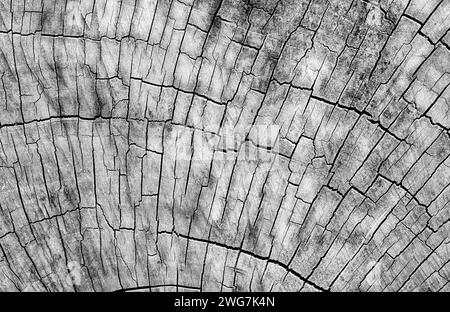 A large solid wood wheel on an old wooden cart shows a bacgkround pattern of cracks. In black and white. Stock Photo