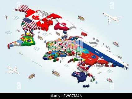 World map where countries are connected with their national flags. Isometric 3d vector illustration Stock Vector