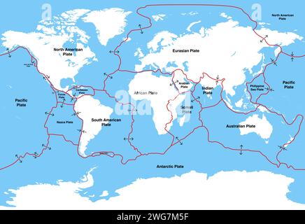 Tectonic plates on Earth's surface. World map with names of countries ...