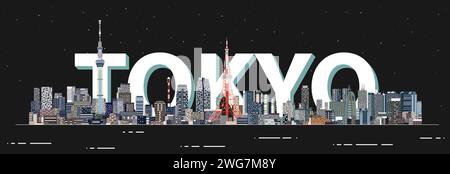 Tokyo at night skyline vector illustration with the big letters on the background Stock Vector