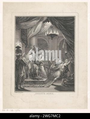 Saul tries to kill David, Simon Fokke, 1766 print Young David plays on his harp in front of King Saul's throne. Saul ignites in frenzy and tries to kill the boy with a spear. He is stopped by a few servants and soldiers. Amsterdam paper etching Saul casts his spear at David when the latter is playing his harp before the king (1 Samuel 18:11) Stock Photo