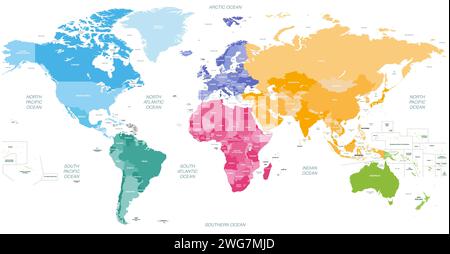 World map vector high detailed illustration with names of countries, oceans, main seas and lakes. Countries colored by continents Stock Vector