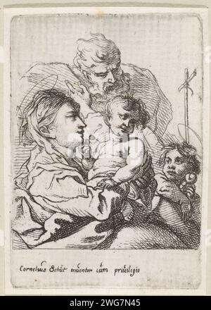 Holy family with Johannes de Boper, Cornelis Schut (I), 1618 - 1655 print Maria holds the Christ child on his lap, which looks over his shoulder at the young John the Baptist. Joseph watches in the background.  paper etching Holy Family with John the Baptist (as child) Stock Photo