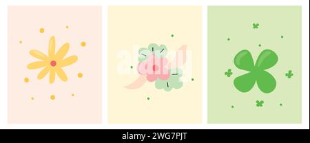 Set of spring cards with different flowers. Colorful Backgrounds in pastel style. Stock Vector