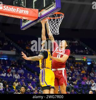 Baton Rouge, Louisiana, USA. 3rd Feb, 2024. LSU Tigers forward JALEN REED(13) blocks the shot of Arkansas Razorbacks forward JALEN GRAHAM(11) during the game between the Arkansas Razorbacks and the LSU Tigers at The Pete Maravich Assembly Center on February 3, 2024 in Baton Rouge, Louisiana. (Credit Image: © Jerome Hicks/ZUMA Press Wire) EDITORIAL USAGE ONLY! Not for Commercial USAGE! Stock Photo