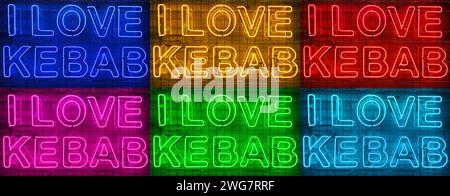 Banner of six neon shining signs of different colors on a brick wall with the inscription or slogan I love kebab. Brick wall, background. Bright elect Stock Photo