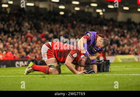 Cardiff, Wales. 3rd February 2024; Principality Stadium, Cardiff, Wales: Six Nations International Rugby Wales versus Scotland; Adam Beard of Wales receives treatment Credit: Action Plus Sports Images/Alamy Live News Stock Photo