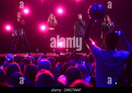 The A-Teens reunite and perform during Saturday's part 1 of Melodifestivalen 2024 (Swedish Song Contest) in Malmö Arena. February 3, 2024.Photo: Johan Nilsson / TT / Code 50090 Stock Photo