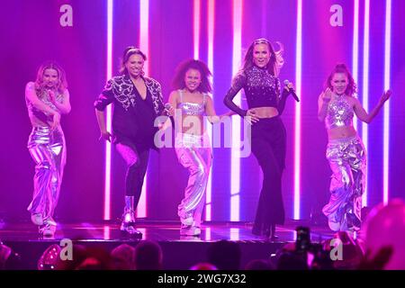 The A-Teens reunite and perform during Saturday's part 1 of Melodifestivalen 2024 (Swedish Song Contest) in Malmö Arena. February 3, 2024.Photo: Johan Nilsson / TT / Code 50090 Stock Photo