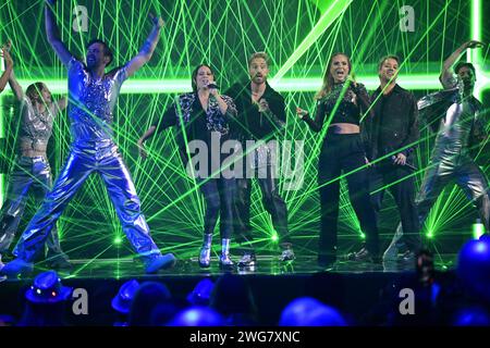 The A-Teens reunite and perform during Saturday's part 1 of Melodifestivalen 2024 (Swedish Song Contest) in Malmö Arena. February 3, 2024.Photo: Johan Nilsson / TT / Code 50090 Stock Photo