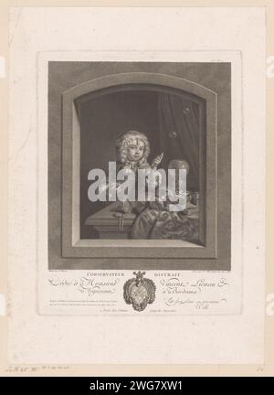 Boy who blows soap bubbles, Johann Georg Wille, After Caspar Netscher, After Frans van Mieris, 1766 print  Paris paper engraving / etching bubble-blowing (children's games and plays). boy (child between toddler and youth) Stock Photo
