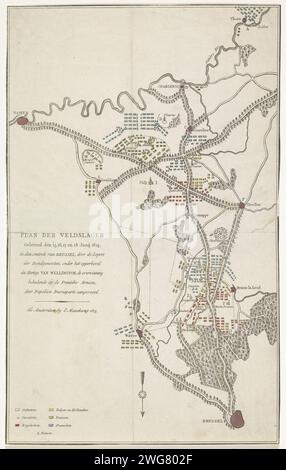 Plan of the battles at Quatre-Bras and Waterloo, 15-18 June, 1815, Anonymous, 1815 print Map of the region between Brussels and Charleroi where between 15-18 June 1815 were fought at Ligny, Wavre, Quatre-Bras and Waterloo battles between the armies of the Allies and the French army under Napoleon. The patterns of the armies are indicated on the map. The different places and armies with colors. print maker: Netherlandspublisher: Amsterdam paper etching maps of separate countries or regions. battle arrays Belgium Stock Photo