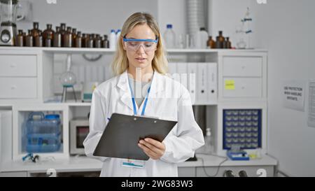 A young female scientist in a laboratory setting reviews data on a clipboard, representing professionalism and focus in a clinical environment. Stock Photo