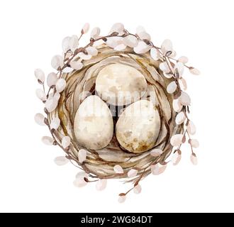 Easter watercolor painting with traditional eggs in nest on white background. Festive spring religion aquarelle drawing postcard with trendy design Stock Photo
