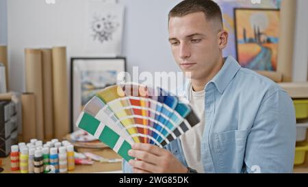 Hispanic man examines color swatches in a creative studio setting surrounded by art supplies. Stock Photo