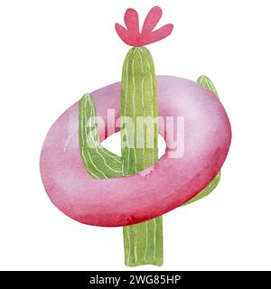 Vector Hand-Drawn Image Of A Summer-Themed Watercolor Illustration Features A Cactus With A Swimming Ring Clipart On A White Background Stock Vector