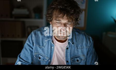 A focused man in a denim jacket working late in a modern office. Stock Photo
