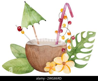 Hand-Drawn Vector Illustration Of A Summer Vacation Theme - A Cocktail In A Coconut Decorated With An Umbrella, Tropical Flowers And Leaves Clipart On A White Background Stock Vector