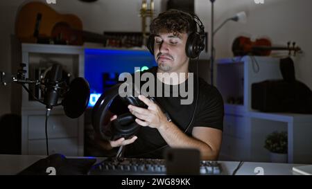 Handsome hispanic man caught in thrilling night-time gaming stream, engrossed in virtual conversation amidst the glow of his gaming room, headphones r Stock Photo