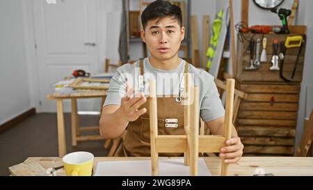A young asian man works in a carpentry workshop, showing craft, skill, and dedication. Stock Photo