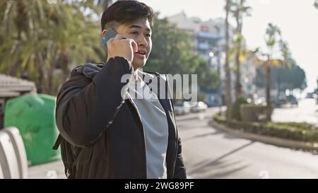 Young asian man talking on a smartphone on a city street, portraying urban communication. Stock Photo