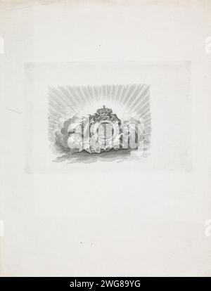 Coat of arms of the Kingdom of the Netherlands, 1815, Anonymous, 1815 print The coat of arms of the Kingdom of the Netherlands, as determined on August 24, 1815. The weapon with royal crown and some olive branches surrounded by the ermine royal mantle, clouds and sun rays. Netherlands paper etching / engraving coat of arms (as symbol of the state, etc.) (+ nation; national) Stock Photo