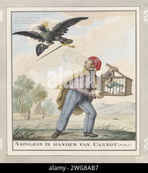 Napoleon caught by Carnot, 1815, Wijnand Esser, 1815 drawing Lazare Carnot, with Jacobijnen's hat, holds a small figure of Napoleon trapped in a rat trap. An orange apple is in the fall. On the left the Prussian eagle flies away with the stitch and the emperor's rings. Cartoon on the fall of Napoleon after the defeat at Waterloo on June 18, 1815. Netherlands paper pen / brush extermination of rats. mouse trap. predatory birds: eagle (+ animals used symbolically) Stock Photo