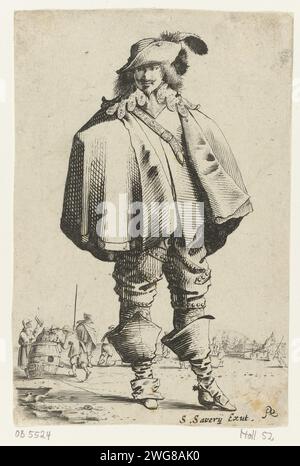 Standing Cavalier with Cape, Salomon Savery, After Pieter Jansz Quast, 1633 - 1665  In shoulder cape, hat with spring on the head, figures on the ice in the background. The print is part of a ten-part series of prints with performances of Cavaliers and wealthy women, dressed according to Dutch fashion ca. 1625-1630. Amsterdam paper etching / engraving warfare; military affairs (+ cavalry, horsemen). clothes, costume (+ men's clothes). cape (+ men's clothes). neck-gear: collar (+ men's clothes). trousers, breeches, etc. (BREECHES) (+ men's clothes). boots (+ men's clothes). head-gear: hat (+ me Stock Photo