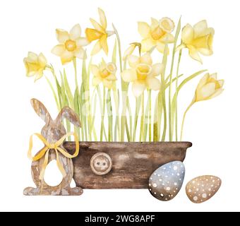 Watercolor Illustration Features Yellow Daffodils In A Pot, Easter Eggs And A Wooden Easter Bunny Decor Stock Photo