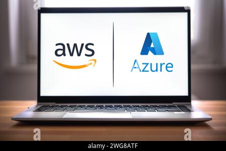 Amazon AWS and Micosoft Azure displayed on laptop Stock Photo