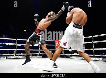 Ben Whittaker (left) in action against Khalid Graidia in the light-heavyweight bout at the OVO Arena Wembley, London. Picture date: Saturday February 3, 2024. Stock Photo