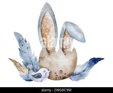 Easter Illustration In Watercolor Shows Eggshell With Easter Bunny Ears Peeking Out, A Piece Of Handiwork Stock Vector