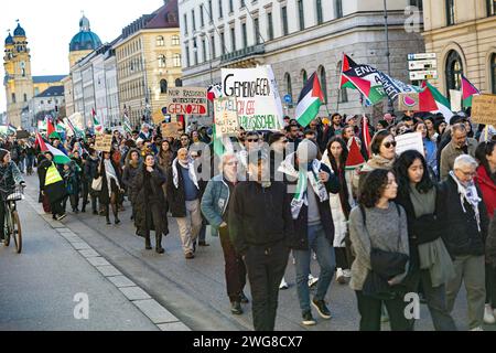 Munich, Germany. 03rd Feb, 2024. After the International Court of Justice in The Hague warned of a genocide in Gaza, around a thousand participants demonstrated in Munich, Germany, on February 3, 2024 for an end to the genocide in Gaza. The organizers clearly distanced themselves from anti-Semitism, called for a ceasefire and showed solidarity with Palestine. (Photo by Alexander Pohl/Sipa USA) Credit: Sipa USA/Alamy Live News Stock Photo