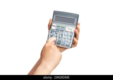 Cropped shot of an unrecognizable woman hands holding and using a calculator isolated on a white background Stock Photo