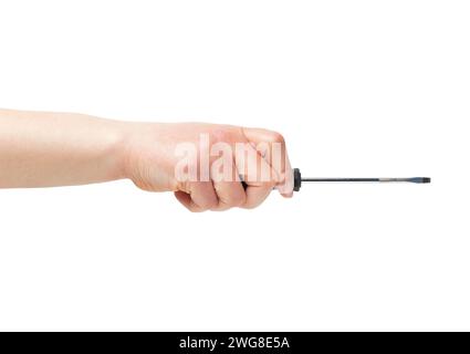 Woman hand holding a phillips screwdriver isolated on a white background Stock Photo