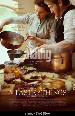 The Taste of Things (2023) directed by Anh Hung Tran and starring Juliette Binoche, Benoît Magimel and Emmanuel Salinger. The story of Eugenie, an esteemed cook, and Dodin, the fine gourmet with whom she has been working for over the last 20 years. US one sheet poster ***EDITORIAL USE ONLY***. Credit: BFA / IFC Films Stock Photo