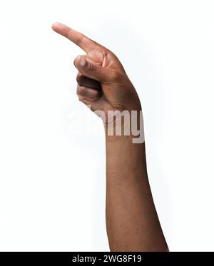 Man hand pointing at side with forefinger isolated on a white background Stock Photo