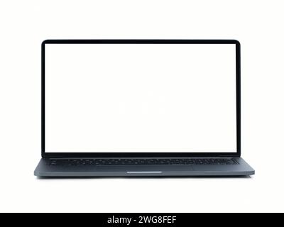Modern laptop isolated on white with reflections on glass table Stock Photo