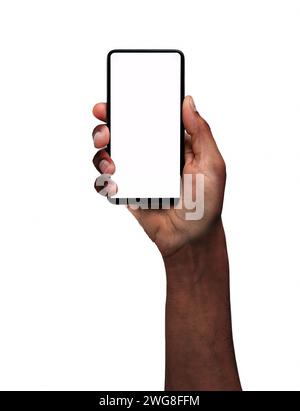 Man hand presenting a smart phone screen application isolated on a white background Stock Photo
