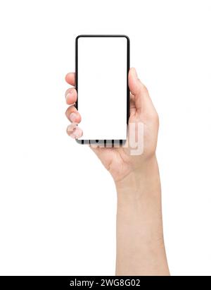 Man hand presenting a smart phone screen application isolated on a white background Stock Photo