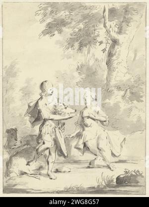 Melager gives Atalante the head of the Calydonian wild boar, Aert Schouman, c. 1720 - c. 1792 drawing   paper. ink. chalk pen / brush Meleager gives the head of the boar to Atalanta Stock Photo