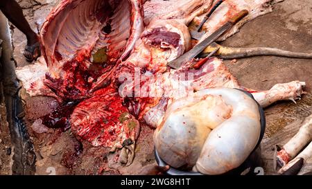 Butchered cow for Muslim Accra Eid al Adha Festival of Sacrifice. Animal sacrifice Islam holy month of Ramadan Eid ul Adha. Muslim sector of Accra. Stock Photo