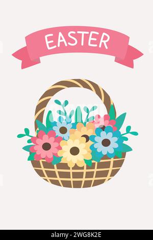 Basket with spring flowers. Red ribbon with the inscription Easter. Easter card. Flat vector illustration. Stock Vector