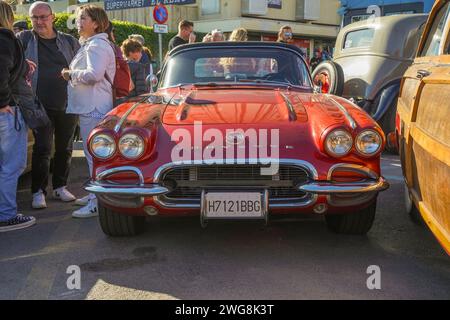 Front of a Chevrolet Corvette 1962, street during Torremolinos fifties festival. Malaga, Spain. Stock Photo