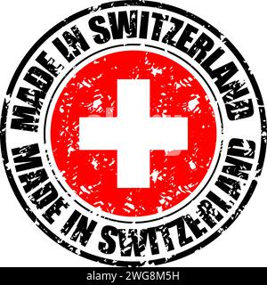 Print of rubber stamp made in switzerland. Vector of sticker insignia, warranty emblem illustration, tag imprint banner, watermark export, country swi Stock Vector